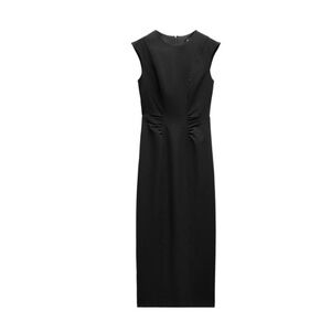 Zara Elegant Black Ruched Midi Dress